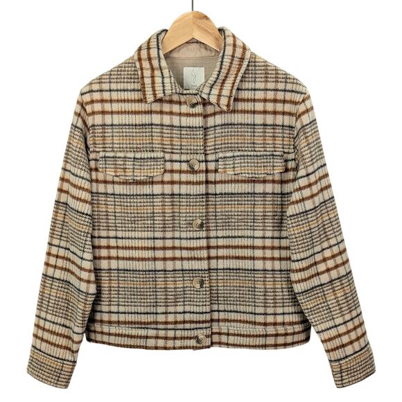 Joie Brown Plaid Fleece Button Down Jacket Coat Heritage Light Academia Medium - Picture 1 of 14